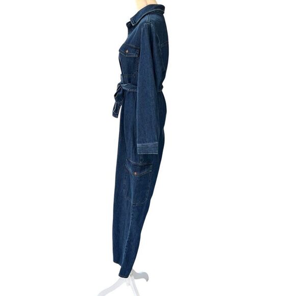 Boyish by Her Troy Denim Belted Cargo Pocket Button Front Jumpsuit Size Medium - Picture 3 of 8